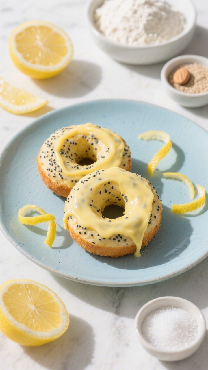 45-degree plated shot of lemon poppy seed baked doughnuts on a pale blue ceramic plate, flecked with poppy seeds, coated in a sunny citrus icing that catches highlights; lemon zest curls scattered around, halved lemons, a small bowl of almond flour alongside GF all-purpose flour with xanthan; sugar, baking powder, baking soda, and salt in tiny pinch bowls; bright, zesty daylight with crisp whites and fresh spring mood.
