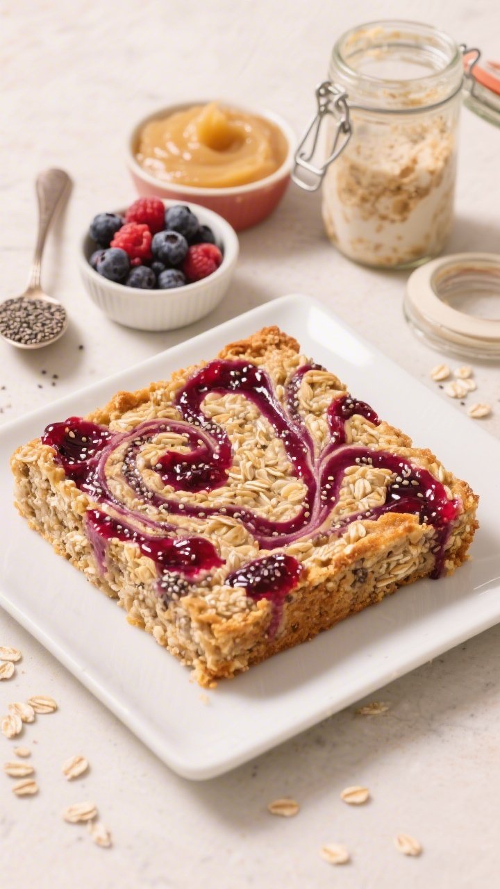 45-degree plated square of double berry chia jam swirl oatmeal bake, vibrant red-purple berry chia jam marbled through the golden oats, glossy jam pockets; sides: small bowl of mixed berries, a spoon with chia seeds, a dish of applesauce, and a jar of sourdough discard; clean, meal-prep aesthetic with sharp focus and fresh, inviting color.