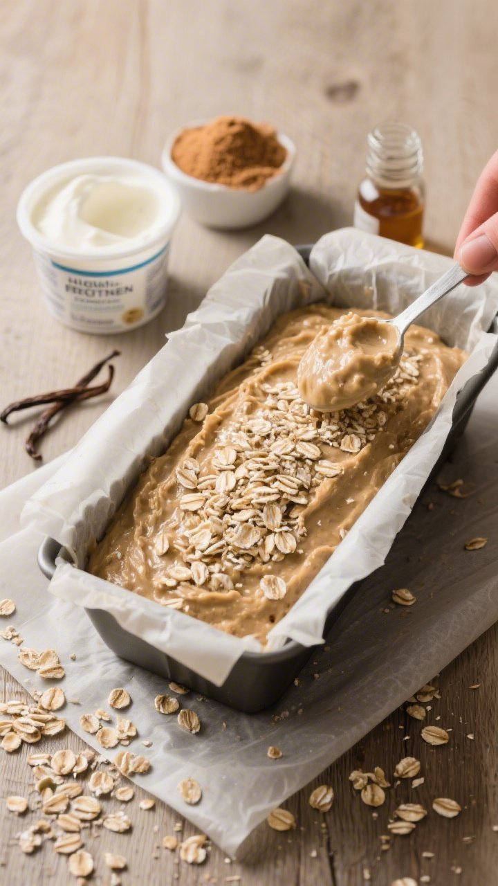 45-degree process shot of High-Protein Oatmeal Banana Bread batter being topped: thick oat-based batter in a parchment-lined loaf pan, sprinkled generously with rolled oats for a crunchy topping; props include oat flour, Greek yogurt tub, brown sugar, vanilla extract, and a scoop of vanilla whey or casein; neutral wooden table, soft side light, intentional crumbs and oat scatter for texture.
