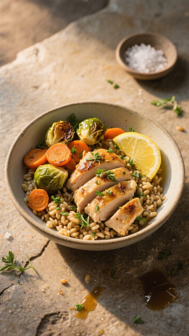 45-degree rustic Herbed Farro and Lemon-Garlic Chicken Bowl: tender sliced lemon-garlic chicken thighs over herbed farro, with roasted Brussels sprouts (deep caramelized edges) and roasted carrot coins; lemon wedges and chopped herbs scattered; drizzle of pan jus; neutral ceramic bowl on a stone surface with a small dish of flaky salt; golden-hour warmth, hearty European farmhouse feel.