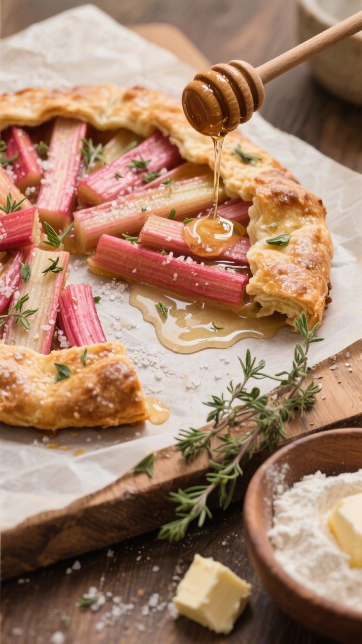 45-degree rustic scene of a honeyed rhubarb galette on parchment, free-form crust speckled with minced fresh thyme leaves and coarse sugar, juices bubbling around rosy rhubarb pieces; a honey dipper mid-drip on the side, thyme sprigs and a bowl of flour and diced cold butter as props; earthy tones on a wooden board, crisp edges, flaky layers emphasized.