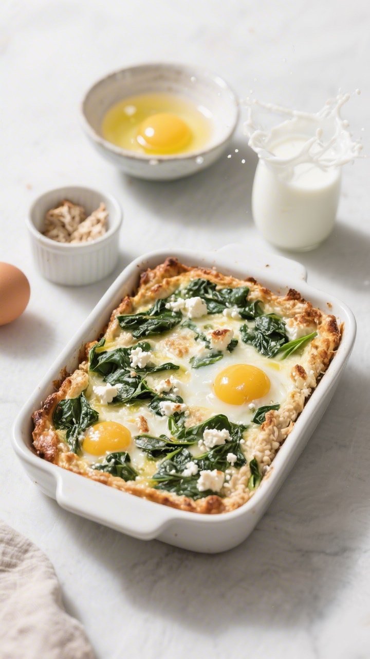 45-degree savory scene: spinach feta breakfast oatmeal bake in a rectangular dish, visible green spinach flecks, creamy feta crumbles browned at the edges, set custardy texture from eggs; drizzle of olive oil catching light; props: beaten eggs in a bowl, milk splash, and a small container of sourdough discard; minimalist, clean styling, no sweetness cues.