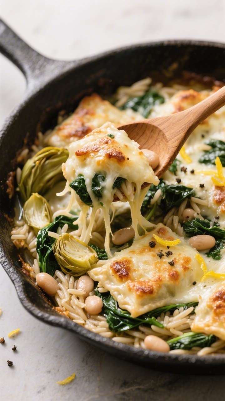45-degree skillet shot of spinach, artichoke and white bean orzo bake: whole-wheat orzo simmered in vegetable broth, folded with wilted spinach, artichoke hearts and cannellini beans, creamy-cheesy pockets browned on top; a wooden spoon lifting a cheesy strand to reveal the glossy orzo and tender beans, bright yet cozy lighting with lemon zest and cracked pepper sprinkled over.