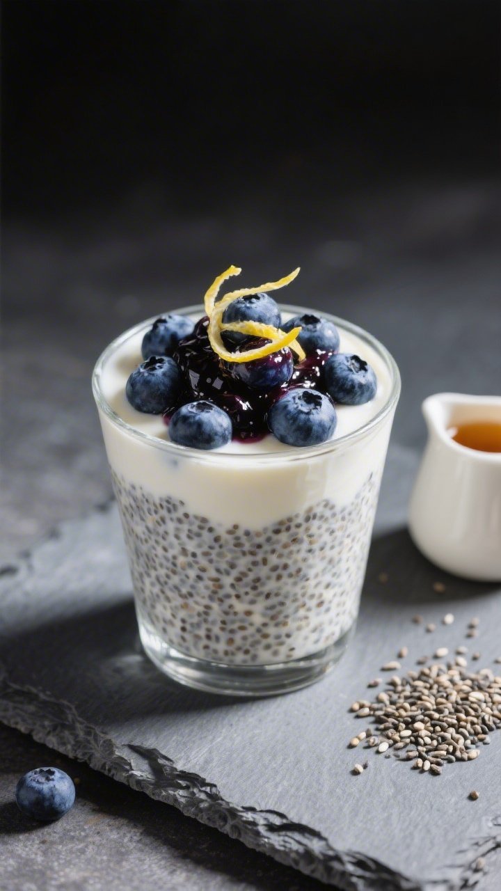 A 45-degree angle close-up of blueberry cheesecake chia pudding in a short tumbler: creamy chia-milk mixture blended with vanilla Greek yogurt, studded with whole blueberries, topped with a glossy blueberry compote, fine lemon zest curls, and a whisper of vanilla; set on a cool gray slate with a tiny pitcher of maple syrup and scattered chia seeds, moody backlight to emphasize the pudding’s glisten.