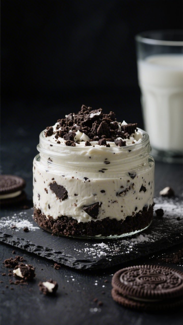 A 45-degree angle hero shot of Cookies & Cream Midnight Crunch jars: dark chocolate sandwich cookie crumb base (buttery) with visible coarse bits, thick cookies-and-cream cheesecake filling of cream cheese, powdered sugar, vanilla, and softly whipped cream, studded with cookie chunks; crowned with a dramatic crumble of remaining cookies; set on a matte black slate with cookie dust and a milk glass in the background, moody lighting to emphasize the midnight theme.