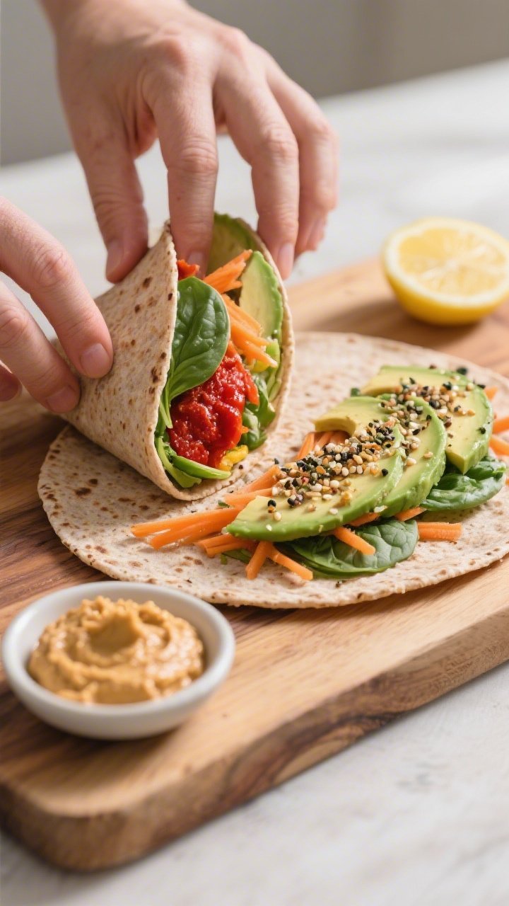 A 45-degree angle shot of a savory breakfast wrap being assembled on a wooden board: whole-grain tortilla spread with roasted red pepper hummus, layered with ripe avocado slices, baby spinach, shredded carrots, and a sprinkle of everything bagel seasoning; finished wrap halved and propped to reveal colorful cross-sections, with a small dish of hummus and lemon wedge nearby, crisp morning light.