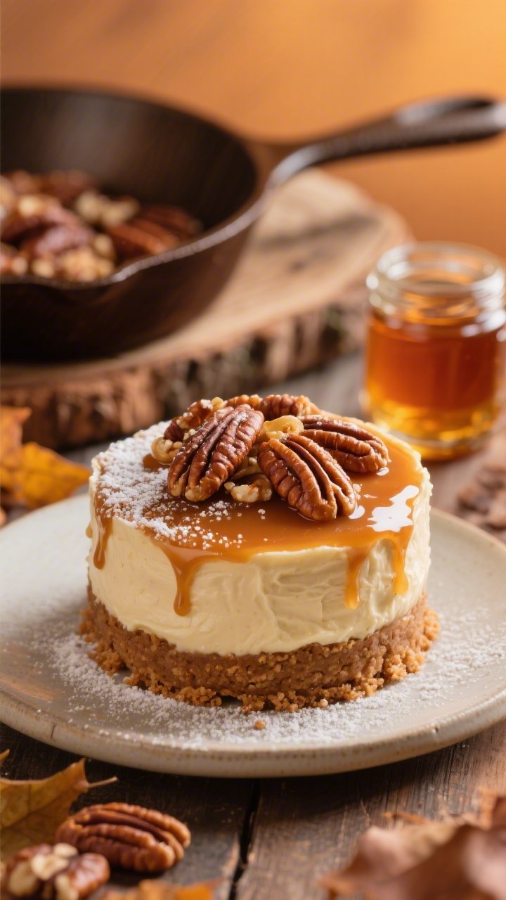 A 45-degree cozy autumnal shot of Maple Pecan Brown Butter jars: graham crust bound with nutty browned butter and brown sugar, maple-sweetened cream cheese filling with a hint of powdered sugar, crowned with glossy toasted pecans and a delicate maple drizzle; small jar of amber maple syrup and a browned-butter skillet in the background; warm, amber lighting and rustic props for a comforting, woodsy feel.