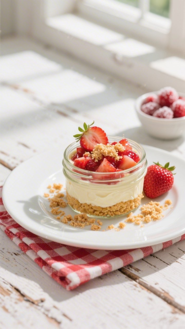 A bright 45-degree plated scene of Strawberry Shortcake Cheesecake jars: golden shortbread cookie crust with a hint of sugar, plush cream cheese layer, and juicy macerated chopped strawberries glistening with their own syrup; garnished with extra shortbread crumbs and a fresh strawberry fan; set on a rustic whitewashed wood table with a red gingham napkin and a small bowl of sugared berries, soft window light for a summery vibe.