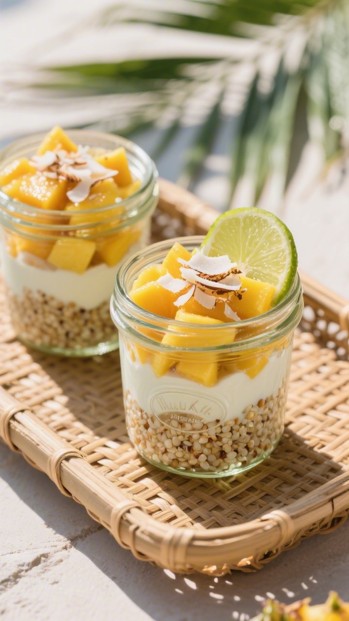 A bright, tropical 45-degree shot of layered mango coconut quinoa fruit jars in small Weck jars: bottom layer of fluffy cooked quinoa, creamy coconut yogurt, diced ripe mango and pineapple, finished with a sprinkle of toasted coconut flakes and a squeeze of lime; set on a sunlit rattan tray with a palm leaf shadow, vibrant and energetic mood.