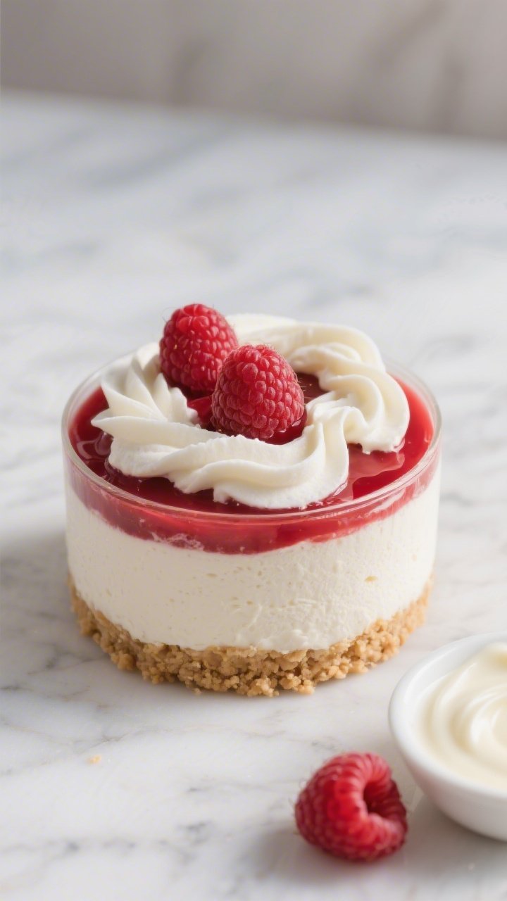 A close-up elegant shot of Raspberry White Chocolate Velvet jars: buttery cookie crumb base, ultra-velvety cheesecake layer folded with softly whipped cream and vanilla, ripples of fresh raspberry coulis and delicate white chocolate curls on top; a few whole raspberries and a small dish of melted white chocolate nearby; cool, refined light on a pale marble to emphasize red-white contrast and silky textures.