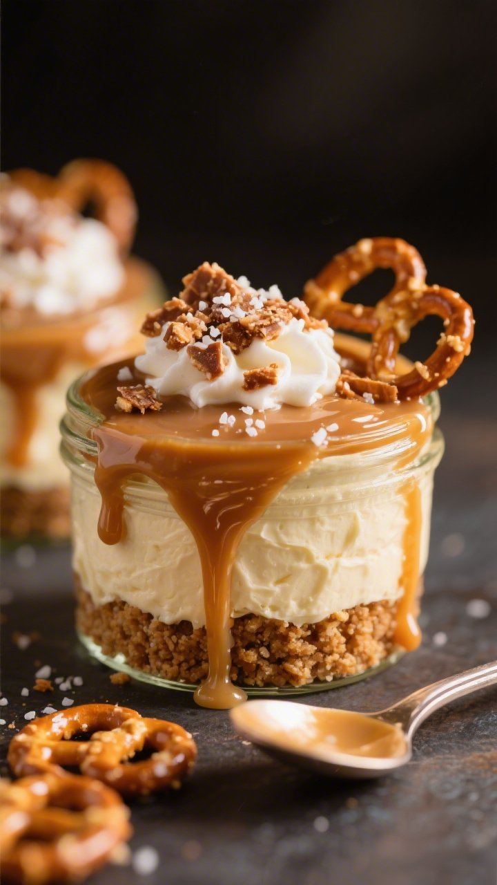 A close-up macro of Salted Caramel Pretzel Snap jars: crunchy pretzel twist crumb crust with brown sugar and butter, silky cream cheese filling lightened with whipped cream and vanilla, a luscious salted caramel drip over the top with crushed pretzel shards and flaky sea salt; caramel ribbon spoon resting nearby; warm, rich tones to capture snap and gloss, shallow depth of field highlighting texture contrast.
