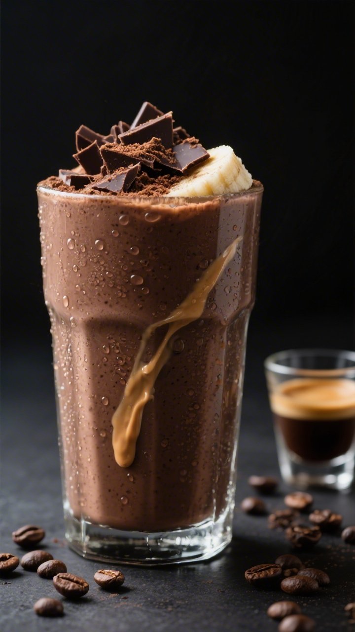 A dynamic close-up of a chocolate espresso protein smoothie in a frosted glass: thick, velvety blend of frozen banana, chocolate protein powder, cooled espresso, and milk, with a ribbon of almond butter drizzled inside the glass; topped with micro-shaved dark chocolate and a dusting of cocoa, condensation beading on the outside; set against a dark matte background with a shot glass of espresso and scattered coffee beans, dramatic side lighting.