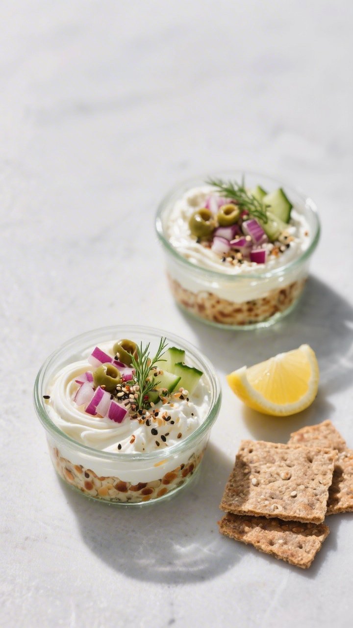 A minimalist overhead of everything bagel cottage cheese cups: creamy cottage cheese swirled with a touch of softened cream cheese in small glass bowls, topped with chopped red onion, briny capers, diced cucumber, dill, and a generous sprinkle of everything bagel seasoning; lemon wedge on the side, a few rye crispbread pieces nearby for “smoked salmon vibes” without fish; cool-toned background, crisp daylight for freshness.