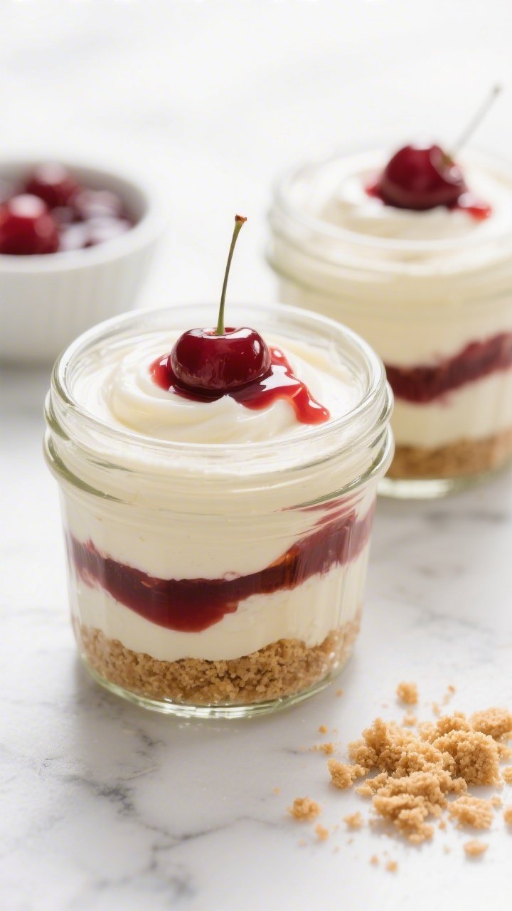 A straight-on close-up of Classic New York Dream cheesecake dessert jars: neat layers of fine graham cracker crumbs mixed with melted butter and a touch of sugar, ultra-smooth cream cheese blended with Greek yogurt, topped with a glossy cherry swirl ribboning down the sides; served in clear 8-ounce jars on a white marble surface with a small bowl of extra cherry sauce and a scattering of crushed graham crumbs, bright natural light, crisp highlights, no people.