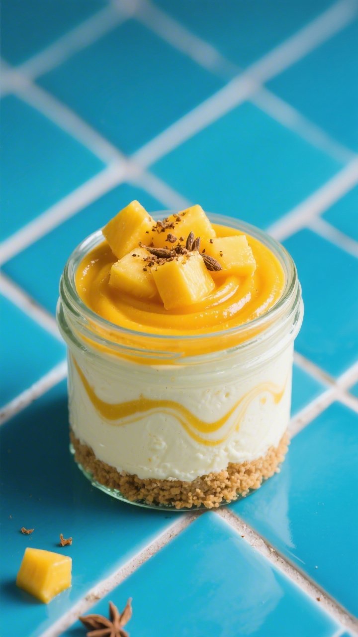 A straight-on vibrant portrait of Mango Lassi Cheesecake jars: digestive biscuit crumb base with butter, a lassi-inspired cheesecake layer of cream cheese and full-fat plain yogurt swirled with bright mango puree, topped with a golden mango ripple and tiny cubes of fresh mango; optional sprinkle of cardamom dust on top for aroma; placed on a cool blue ceramic tile background to pop the sunny mango color, clean daylight.