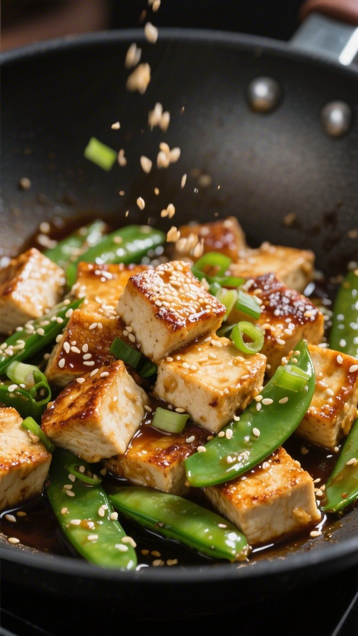 Action close-up of ginger-soy seared tofu in a wok: extra-firm tofu cubes dusted with cornstarch, seared to golden edges, tossed with glossy soy-ginger sauce; crisp sesame-sprinkled snow peas and sliced green onions peeking through; sesame seeds mid-sprinkle, high-contrast lighting.