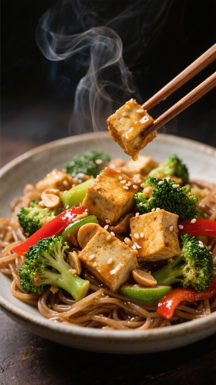 Action close-up of Gingery Tofu and Broccoli stir-fry: golden-crisp cornstarch-dusted tofu cubes tossed with bright green broccoli florets and red bell pepper strips in a glossy peanut-lime-ginger sauce; glossy sheen and sesame/peanut bits clinging; served over brown rice noodles in a shallow bowl; chopsticks resting; steam and sauce threads visible, moody backlight highlighting texture.