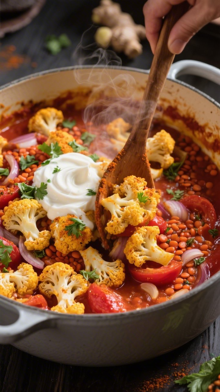 Action close-up of spiced cauliflower, red lentil and tomato bake mid-stir in a Dutch oven: cauliflower florets stained with curry powder, ground coriander and turmeric, red lentils simmering in a vibrant tomato base with onion, garlic and fresh ginger; flecks of cilantro and a swirl of coconut yogurt on top for contrast, warm saturated colors and visible steam highlighting the aromatic spices.