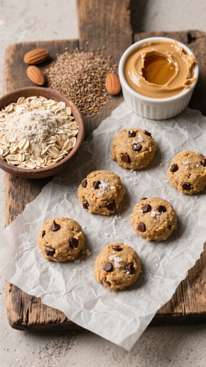 An ingredients-to-finish storyboard flat lay: a small bowl of rolled oats, almond flour, ground flaxseed, and a ramekin of creamy nut butter with maple syrup and vanilla extract; progressing to neat round no-bake breakfast cookie dough bites dotted with mini chocolate chips and a pinch of sea salt; arranged on parchment over a rustic wooden board, overhead perspective, natural side light for texture.
