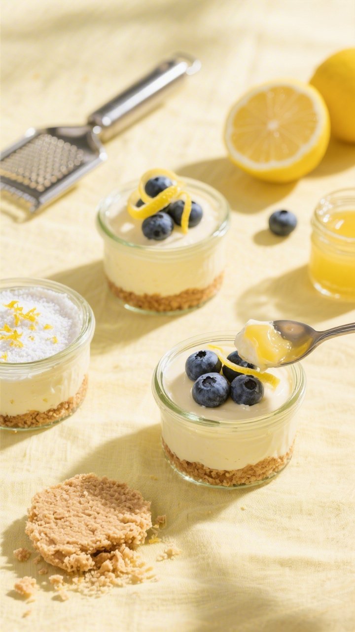 An overhead flat lay of Lemon Sunshine cheesecake jars in process: vanilla wafer crumbs mixed with melted butter pressed into jar bases, a creamy lemon filling of softened cream cheese, lemon curd, powdered sugar, lemon zest, and a hint of vanilla being spooned in; fresh blueberries “bursting” on top with lemon zest curls; props include a zester, halved lemons, and a small jar of lemon curd on a pale yellow linen, airy daylight for a zesty, fresh mood.