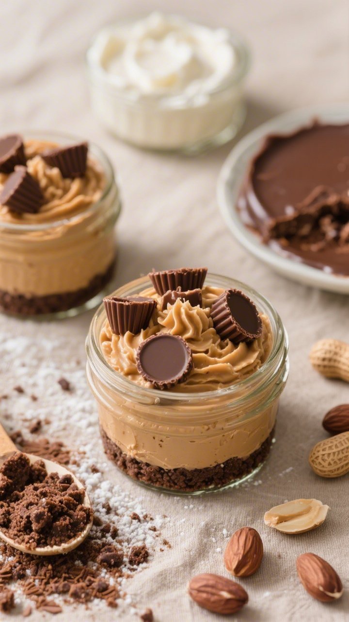 An overhead ingredient-to-final montage for Peanut Butter Cup Power jars: chocolate cookie crumb crust pressed in jars, creamy peanut butter cheesecake filling (cream cheese, peanut butter, powdered sugar, vanilla, Greek yogurt) being piped in, topped with chopped mini peanut butter cups and a drizzle of melted chocolate-peanut butter; scattered cocoa crumbs and peanut halves, neutral linen backdrop, balanced soft light for a bold, indulgent look.