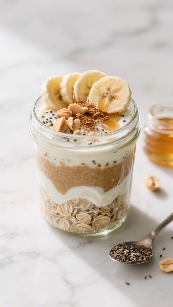 An overhead shot of peanut butter banana overnight oats in a clear glass jar, layers visible: old-fashioned rolled oats soaked in unsweetened almond milk, swirls of plain Greek yogurt, chia seeds speckled throughout, thin banana coins fanned on top, a drizzle of maple syrup, a dusting of cinnamon, and a few crushed roasted peanuts for texture; styled on a light marble surface with a small jar of honey and a spoon with chia seeds beside it, soft morning light.