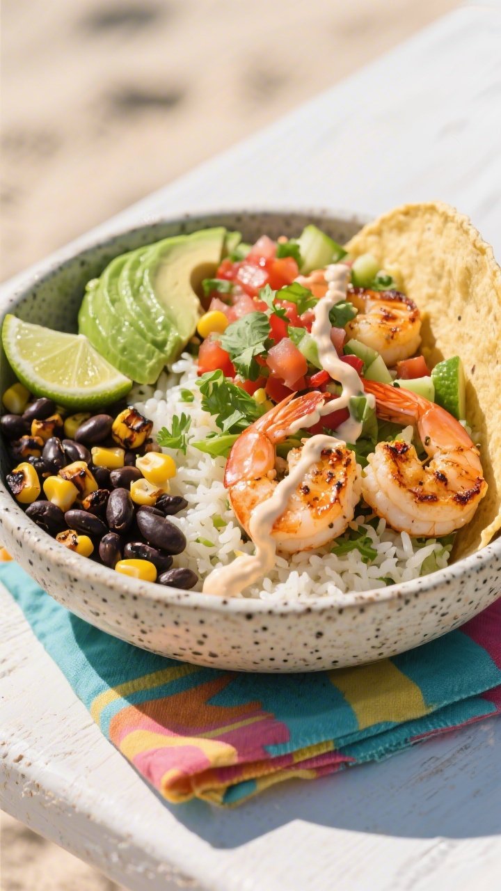 Bright 45-degree Shrimp Taco Bowl: seared shrimp with light char and chili-lime seasoning over cilantro-lime rice, bordered by warm black beans and charred corn kernels; diced avocado fan, pico-style garnish, and lime wedges; a drizzle of creamy chipotle or yogurt-lime sauce zigzagging; served in a speckled stoneware bowl, colorful napkin, sunlit background evoking beachy taco-stand energy.