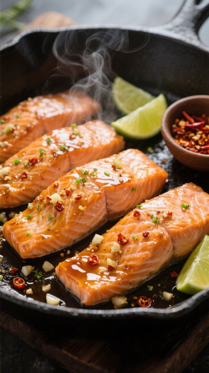 Close-up, 45-degree angle of garlicky honey-lime salmon: four skin-on fillets in a cast-iron skillet, lacquered with a glossy honey-lime-soy glaze, speckled chili crunch and minced garlic visible, lime zest glittering on top, lime wedges and a small bowl of chili flakes on the side, warm directional light, steam gently rising.
