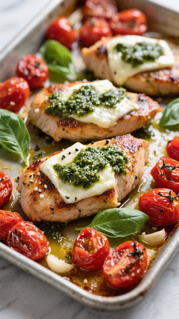 Close-up 45-degree shot of pesto mozzarella chicken with roasted tomatoes: seared chicken breasts seasoned with kosher salt and black pepper, each topped with a glossy layer of basil pesto and melted mozzarella, surrounded by blistered cherry tomatoes roasted with olive oil and minced garlic; juices pooling in a rimmed sheet pan, fresh basil leaves scattered; Mediterranean freshness with vibrant reds and deep green pesto sheen.