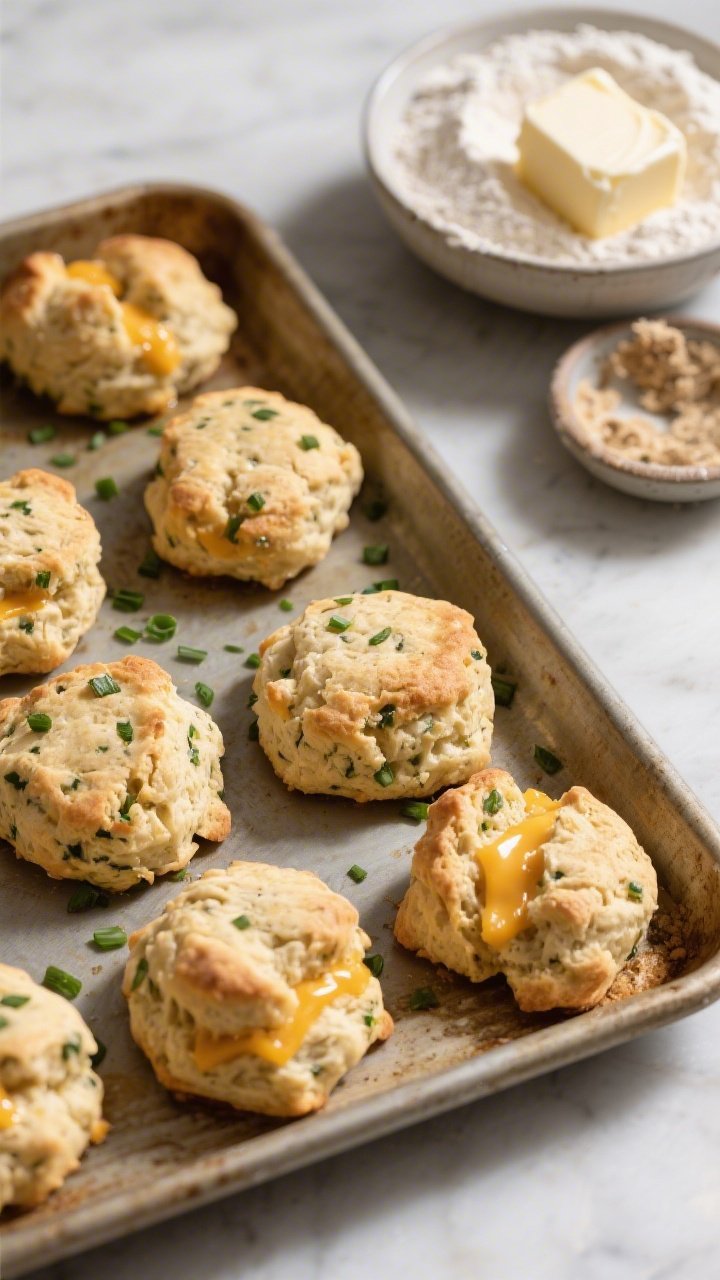 Close-up 45-degree shot of savory sourdough drop biscuits on a sheet pan, craggy tops and visible melted sharp cheddar pockets, flecks of chopped chives throughout; a cold butter cube pile and flour mixture in a bowl nearby, plus a small dish of sourdough discard; side light to emphasize flaky texture and golden peaks, no people, clean kitchen backdrop.