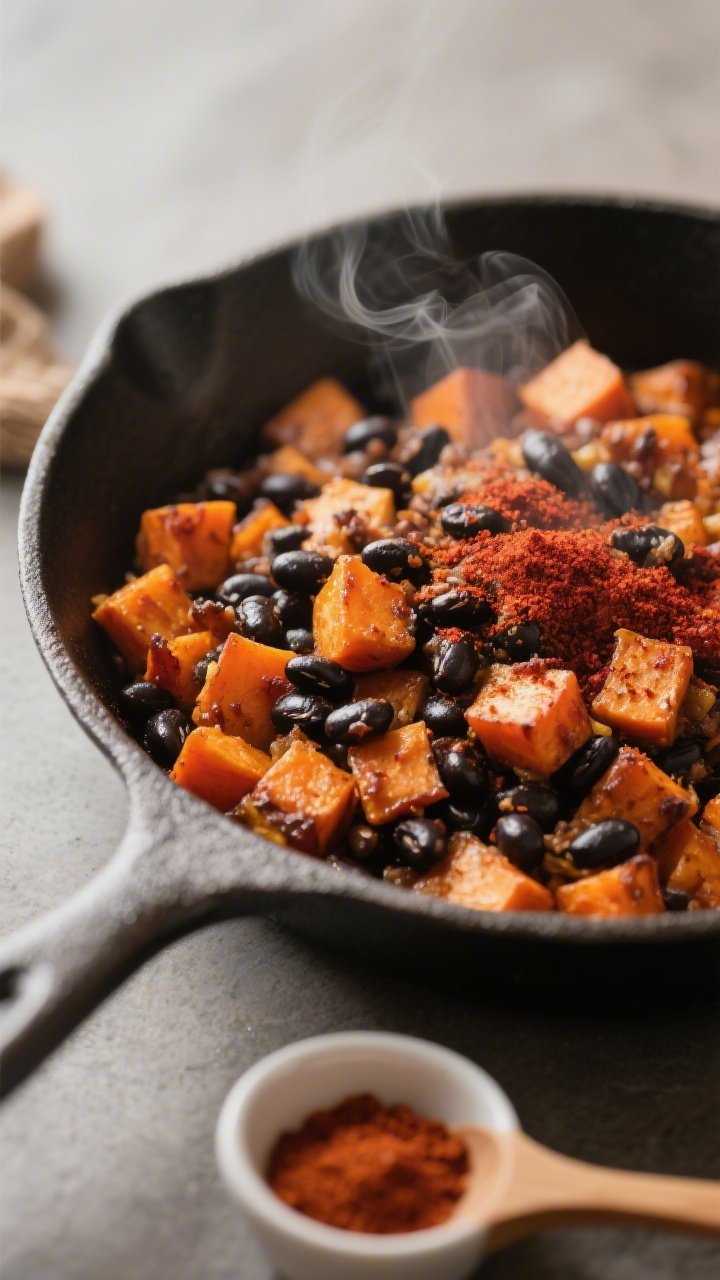 Close-up, 45-degree skillet shot of sweet potato black bean hash: small diced orange sweet potatoes with crispy edges, glossy black beans folded through, dusting of smoked paprika visible as a red-brown veil; a small pinch bowl of smoked paprika and a wooden spoon in-frame; warm, smoky mood with gentle steam.