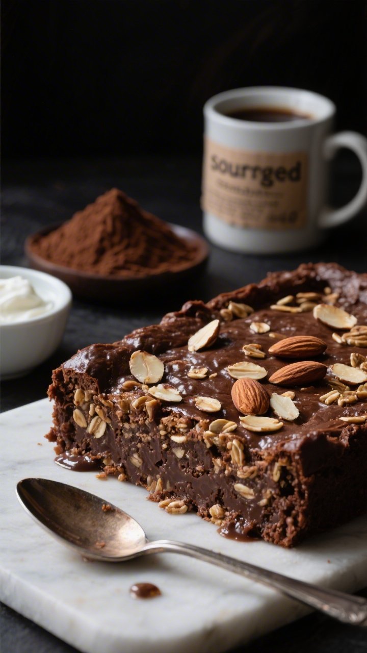 Close-up dramatic side angle of mocha almond crunch oatmeal bake, cocoa-rich oats studded with coffee-infused notes, glossy surface with toasted sliced almonds for crunch; a spoon trail showing dense, fudgy texture; background: small bowl of Greek yogurt, a mound of cocoa powder, and a coffee cup with a labeled sourdough discard jar; moody lighting, high contrast.