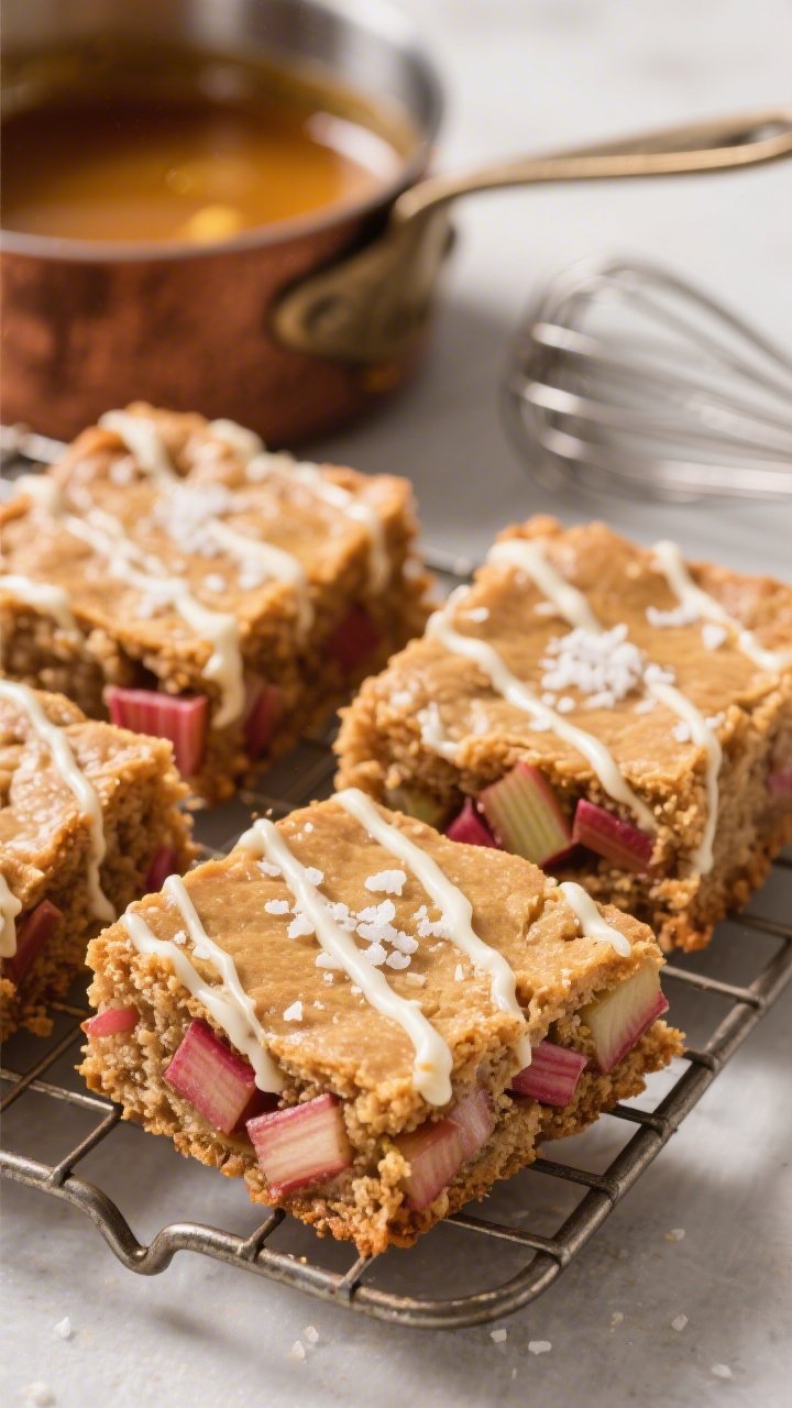 Close-up macro of brown butter rhubarb blondies cut into squares, crinkly top and gooey centers, visible diced rhubarb pockets; warm caramel tone from browned butter and light brown sugar; a salted white chocolate drizzle zig-zagging over the tops, sea salt flakes catching light; placed on a cooling rack with a saucepan of browned butter and whisk in background.