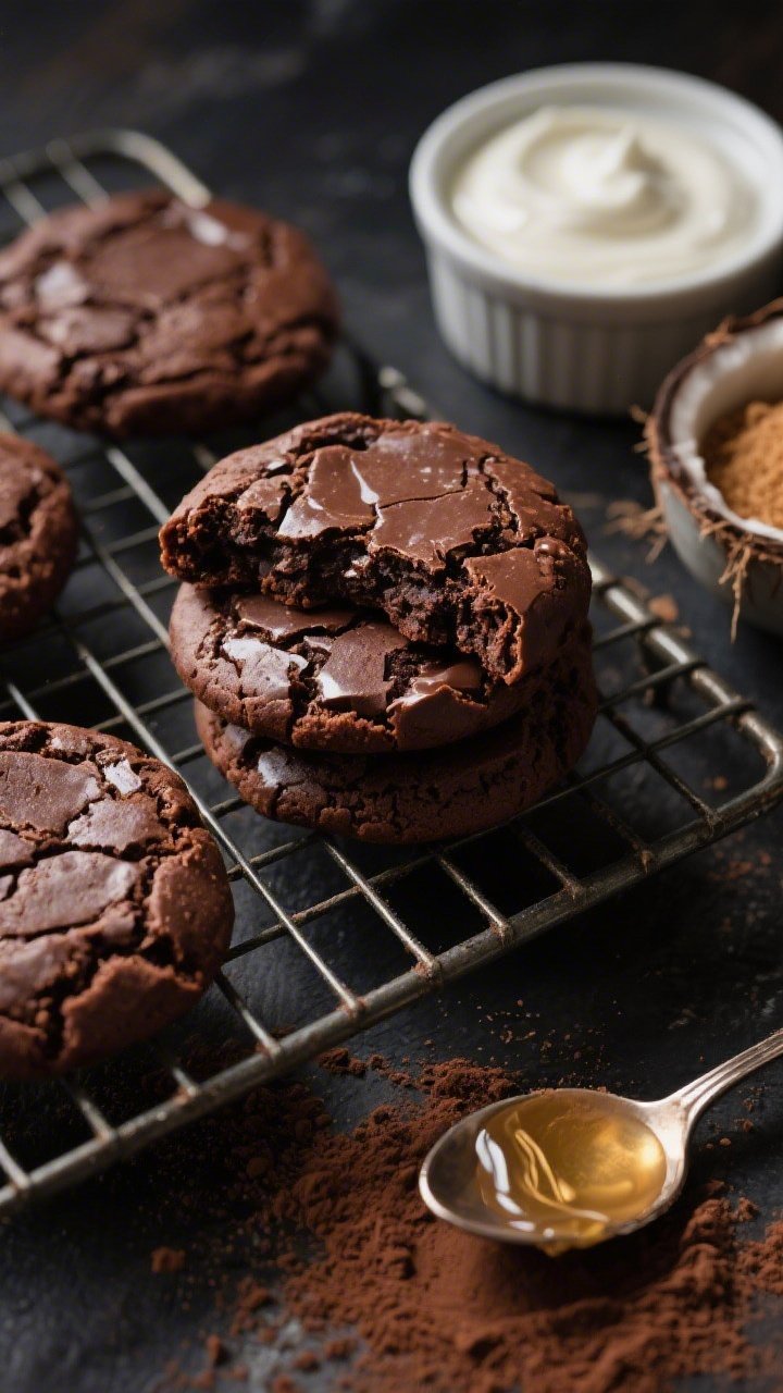 Close-up macro of double chocolate Greek yogurt brownie cookies on a cooling rack; ultra-fudgy interior with a cracked, shiny cocoa crust; cocoa powder dusted nearby, a small bowl of coconut sugar, a spoon streaked with melted coconut oil, and a ramekin of thick plain Greek yogurt; deep, moody lighting to emphasize rich chocolate tones and soft texture.