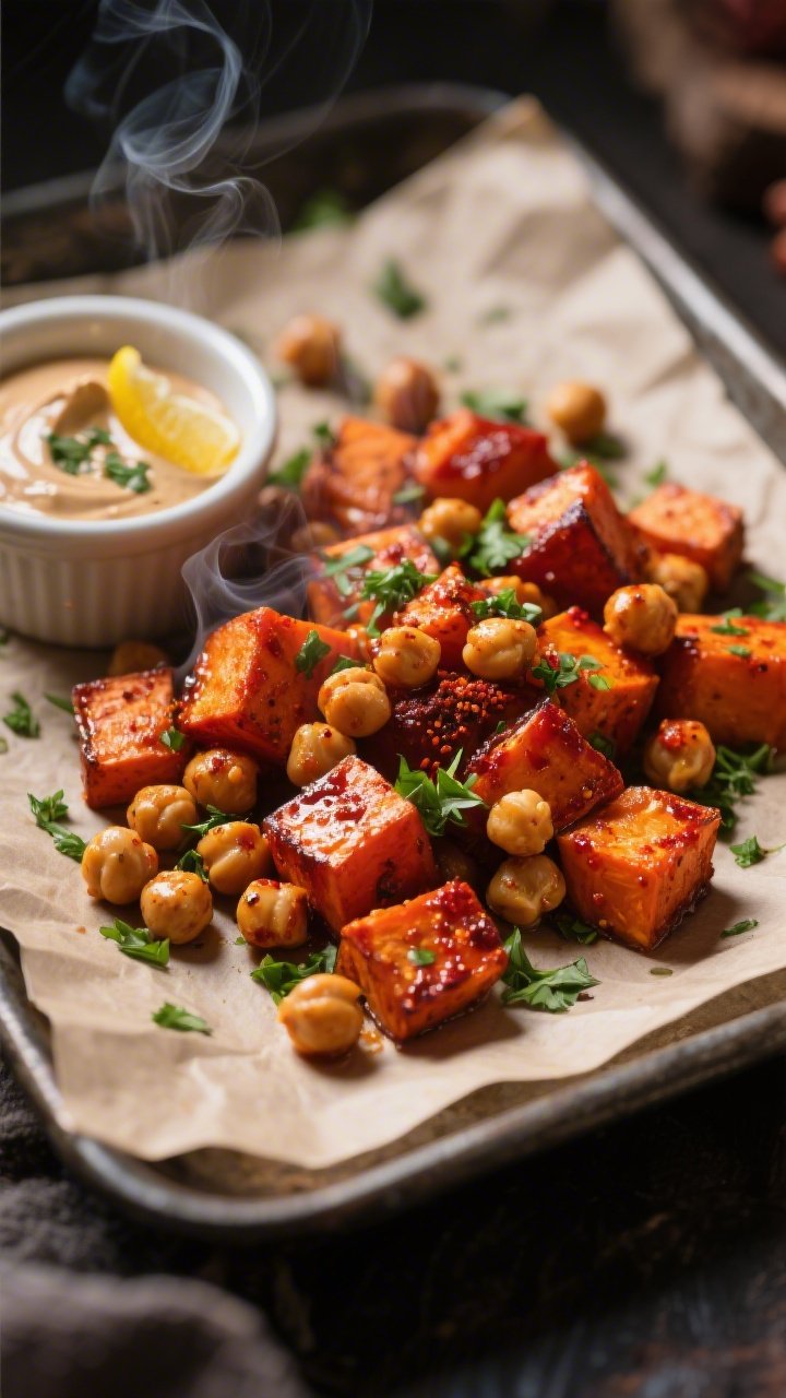 Close-up macro of harissa-roasted chickpeas and sweet potato cubes on a parchment-lined tray: lacquered, spicy-red harissa sheen, caramelized edges, steam wisping; a ramekin of herby tahini sauce (tahini, parsley, lemon) drizzled over part of the tray, extra chopped herbs sprinkled, warm moody lighting to emphasize texture and heat.