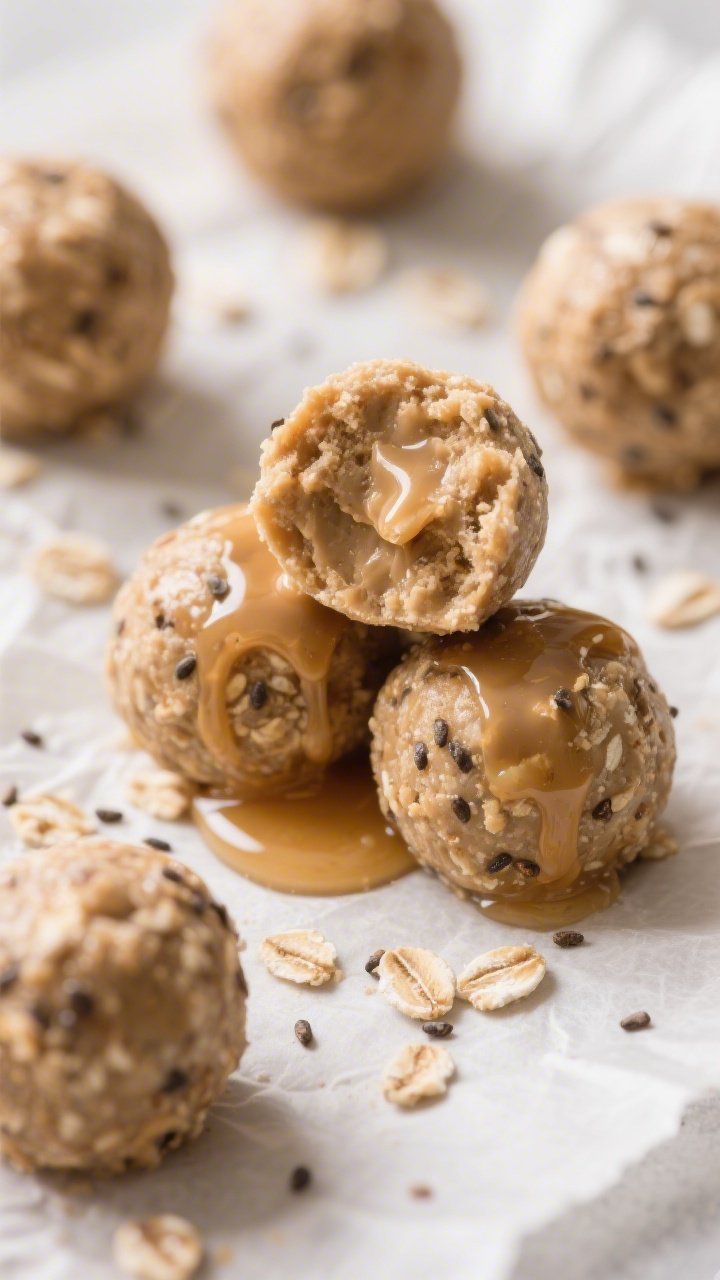 Close-up macro of no-bake peanut butter protein bites: round, rustic oat-and-peanut-butter balls with visible rolled oats, chia or ground flax specks, and protein powder blended in; a sticky sheen from honey/maple syrup, a few bites stacked on parchment with a drizzle trail of honey and scattered chia seeds; soft, portable snack energy with warm neutral tones.