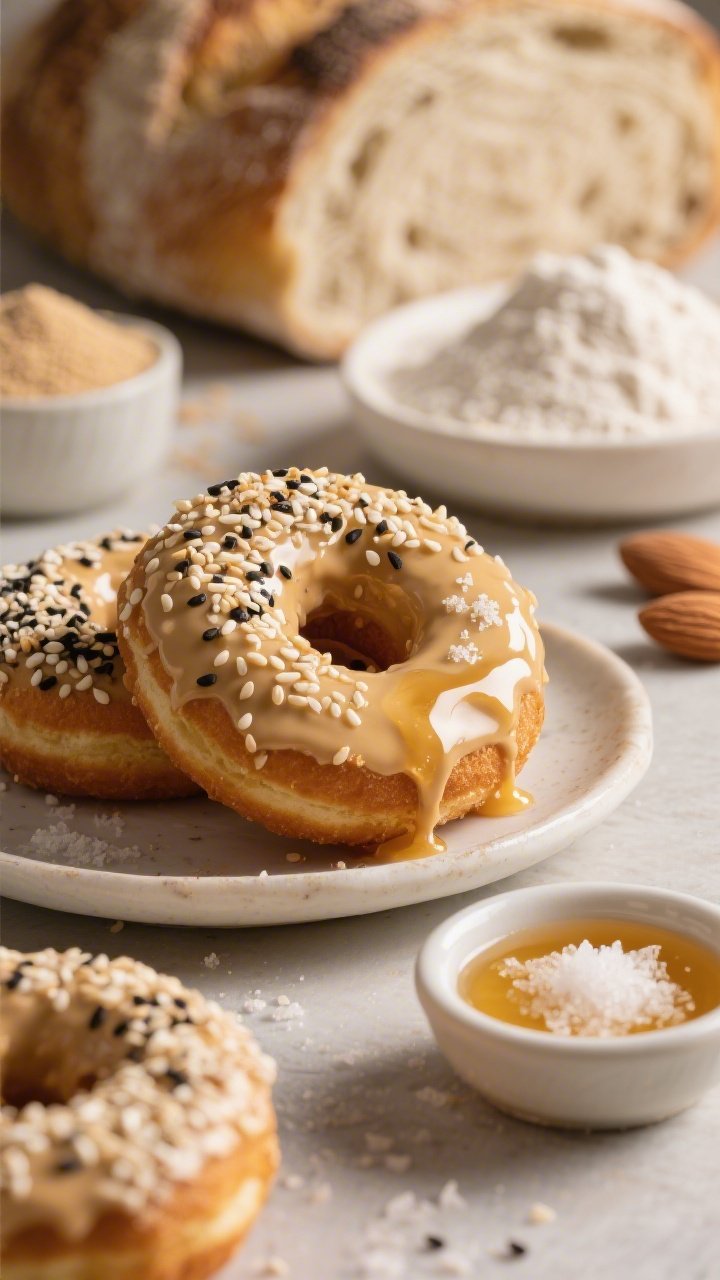 Close-up macro shot of tahini-honey doughnuts with a glossy salted honey drizzle and sesame crunch topping (mixed white and black sesame seeds), showcasing the nutty crumb; small dishes of tahini and honey in frame, a tiny pinch bowl of flaky salt catching light; background props include GF sourdough discard, GF all-purpose flour with xanthan, almond flour, sugar, baking powder, and baking soda; warm, golden tones emphasizing richness and texture.