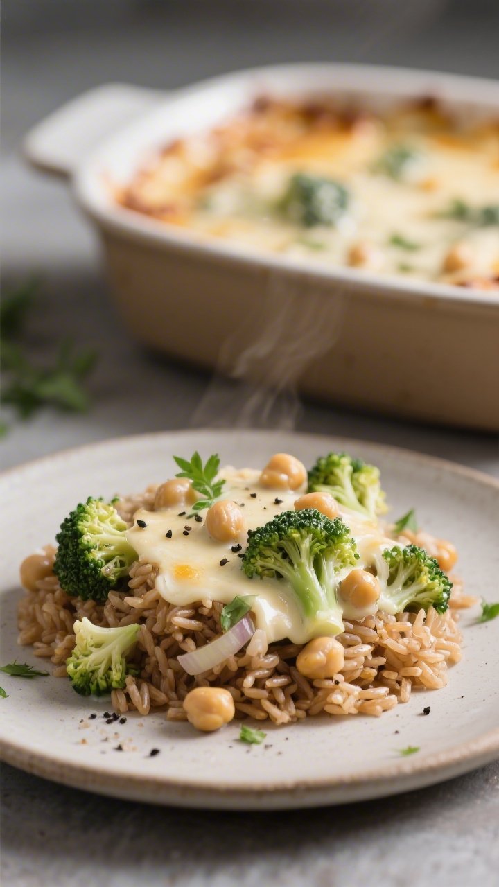 Close-up of a creamy broccoli, chickpea and brown rice casserole scooped onto a plate: tender brown rice cooked in vegetable broth, broccoli florets, chickpeas, finely chopped onion bound in a light creamy sauce with melted cheese bubbling around the edges; visible texture of broccoli and chickpeas, sprinkled with black pepper and parsley, set on a neutral ceramic plate with a soft-focus casserole dish in the background.