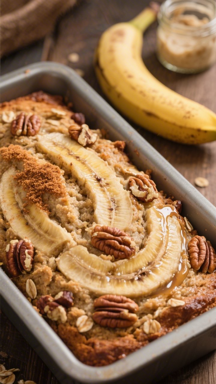 Close-up of banana walnut bread-inspired oatmeal bake in a loaf-pan style dish, moist crumb with mashed banana swirls, toasted walnut pieces studded throughout, light sheen from maple syrup; brown sugar pinch sprinkled on top; a ripe banana and a small jar of sourdough discard in frame; warm, nostalgic tones, soft side light emphasizing texture.