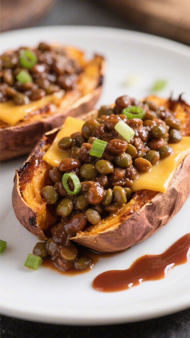 Close-up of BBQ lentil-stuffed sweet potatoes: split roasted sweet potatoes with caramelized skins, piled high with saucy brown/green lentils simmered in vegetable broth and BBQ sauce, glossy and thick; melted cheddar pooling into crevices, scatter of sliced scallions on top; a brushstroke of BBQ sauce on the plate, shallow depth of field to emphasize sticky-saucy texture.