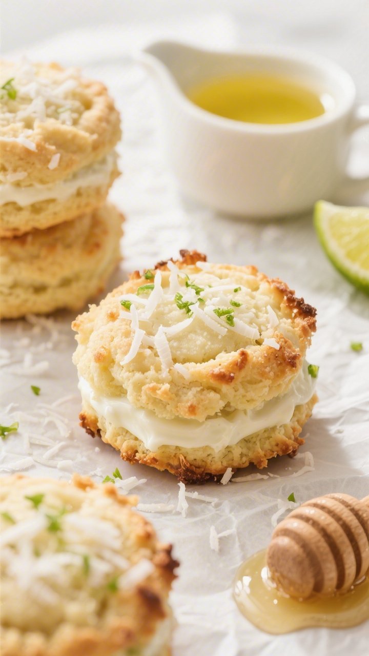 Close-up of coconut-lime macaroon cookies mounded and toasty at the edges; visible strands of unsweetened shredded coconut, creamy yogurt richness inside; lime zest sprinkled on top, a cut lime and a small pitcher of melted coconut oil nearby, honey drips on the parchment; bright, tropical feel with crisp highlights.
