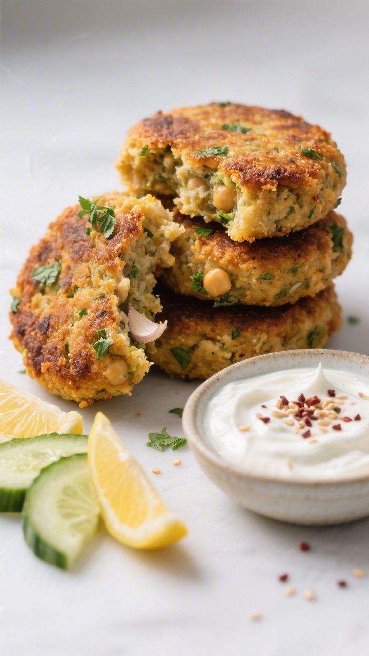 Close-up of crispy baked falafel-style chickpea patties: deeply golden crust with visible flecks of parsley and cilantro, cumin-scented interior peeking from a broken patty; a swoosh of garlic yogurt sauce in a shallow bowl, sprinkle of sumac and sesame seeds, lemon wedges and cucumber slices nearby, clean minimal background, sharp texture detail.