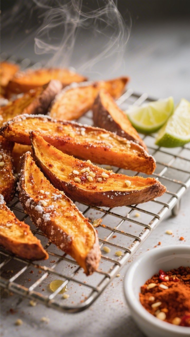 Close-up of crispy sweet potato wedges on a wire rack: thick wedges tossed in olive oil and dusted with cornstarch, chili powder, smoked paprika, and garlic powder; edges blistered and caramelized, interior vibrant orange; lime wedges and a small dish of chili-lime seasoning blend on the side; gentle backlight accentuating steam and crunchy exterior.