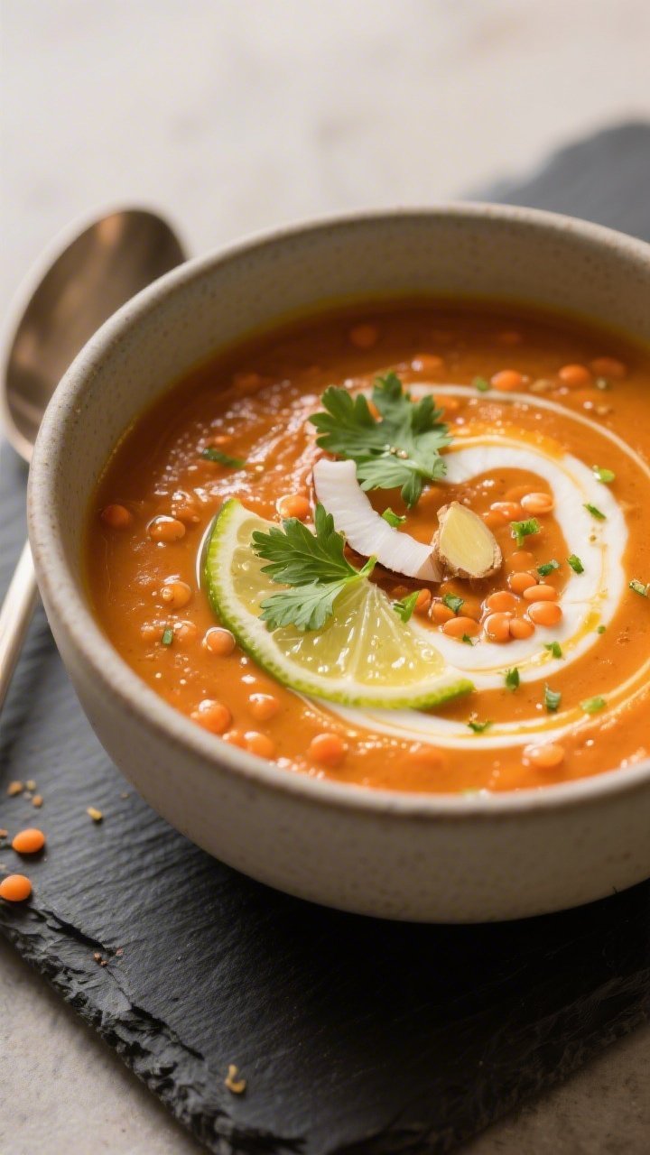 Close-up of Spiced Red Lentil, Carrot, and Ginger Soup: velvety orange soup in a matte ceramic bowl, infused with turmeric, cumin, fresh grated ginger, onion, garlic; a glossy coconut-lime swirl marbled on top, lime zest sprinkles and a few cilantro leaves; tiny droplets of coconut oil sheen; warm, cozy mood with soft side lighting and a spoon resting on a slate board.