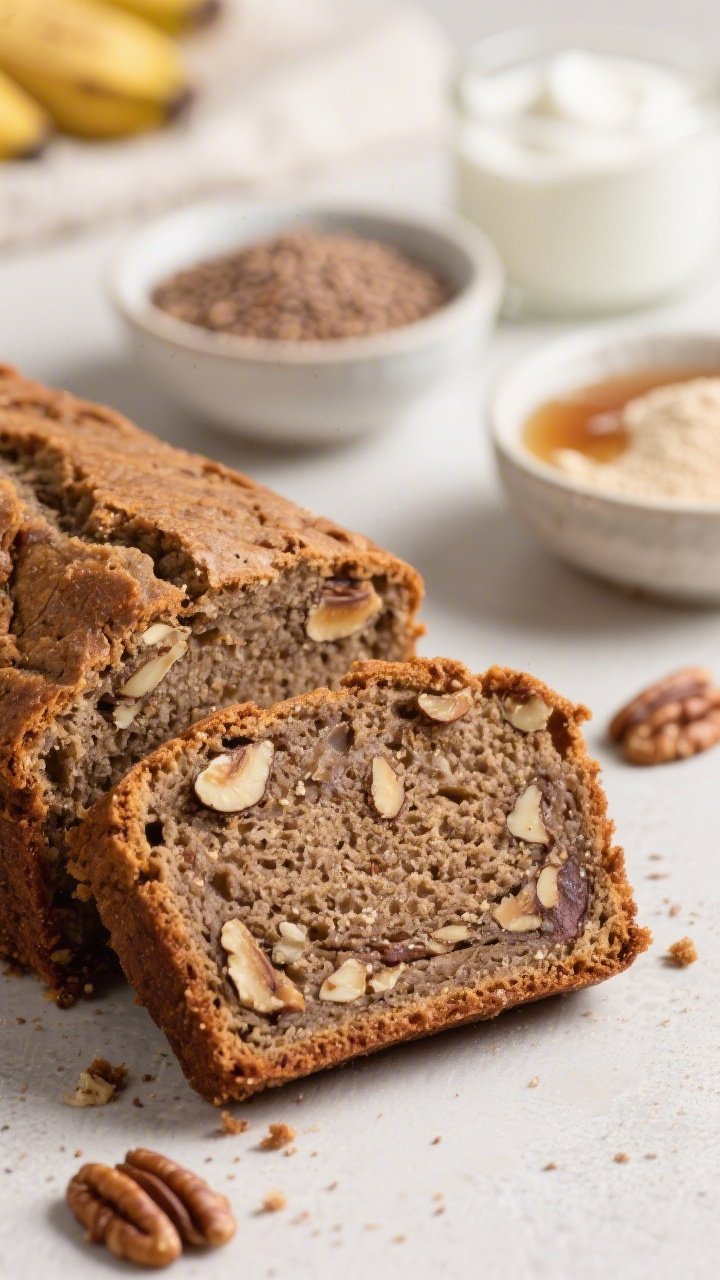 Close-up slice shot of Gluten-Free Buckwheat Banana Bread with Walnuts: nutty, slightly darker crumb from buckwheat flour, studded with walnut pieces; slice leaned against the remaining loaf; bowls of buckwheat flour and almond flour, maple syrup, Greek or coconut yogurt in the background; clean, airy light to emphasize crumb structure and walnut crunch, muted earth tones.