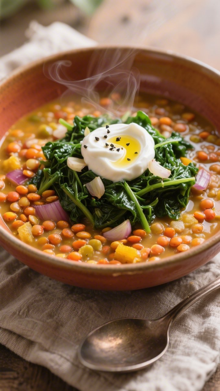 Cozy overhead of a Turmeric Lentil Bowl: golden red/yellow lentils stewed in vegetable broth with onion, garlic, turmeric, and cumin, creating a creamy base; nest of garlicky sautéed greens (spinach or kale) on top; a dollop of tangy yogurt with olive oil swirl and cracked black pepper; warm-toned ceramic bowl on linen, spoon resting nearby; soothing, earthy styling with steam subtly visible.
