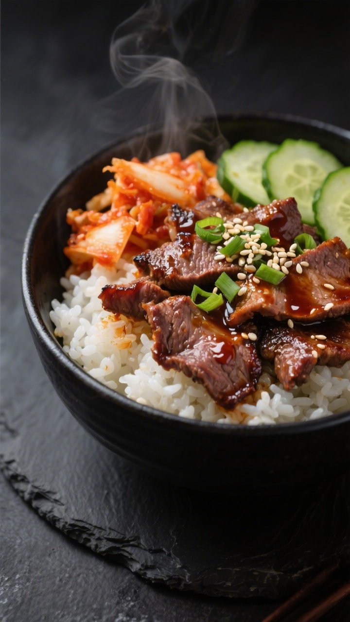 Dramatic close-up of Korean-inspired Bulgogi Beef Bowl: glistening thin-sliced marinated beef with caramelized edges over steaming jasmine rice, chopped kimchi on one side, thin cucumber rounds lightly pickled on the other, green onions sprinkled; sesame seeds and a brush of gochujang glaze visible; shallow depth of field emphasizing char and texture, straight-on angle with dark slate backdrop.