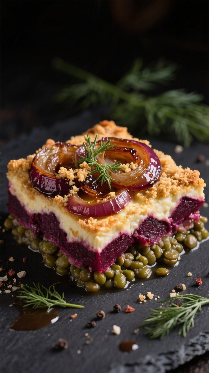 Moody close-up of caramelized onion, beet and lentil cottage bake: deep magenta roasted beets folded with tender green lentils simmered in broth, layered under a blanket of deeply caramelized onions deglazed with a splash of balsamic; glossy, jammy onions crowned with crisped herb breadcrumbs, one tidy square cut out to show the strata, garnished with dill and cracked pepper on a dark slate surface.