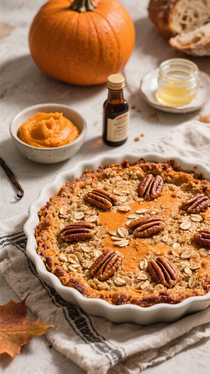 Overhead autumnal shot of pumpkin pecan spice oatmeal bake, deep orange crumb, toasted pecans scattered over top, gentle crackled surface; a tiny bowl of pumpkin puree, bottle of vanilla extract, and melted coconut oil dish nearby with a jar of sourdough discard; warm, spiced mood with soft shadows and cozy linens.