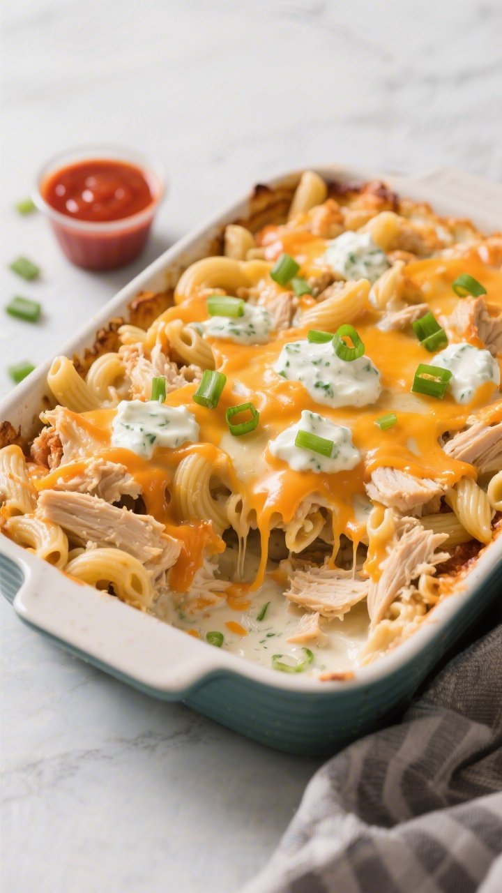 Overhead baking dish of buffalo ranch chicken mac bake: high-protein pasta elbows coated in a creamy sauce made from a butter-flour roux, low-fat milk, Greek yogurt, and hot sauce, folded with shredded chicken; the top speckled with melted cheese and a light ranch drizzle, orange-tinted buffalo cream clinging to noodles; garnished with sliced green onions and a small ramekin of extra hot sauce nearby; game-day comfort energy, ultra-appetizing cheese pull at the corner.